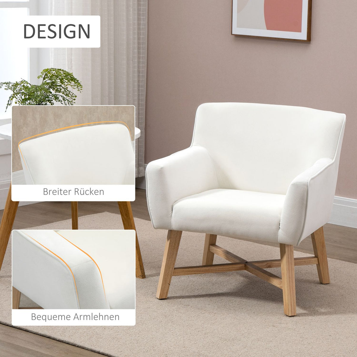 Dining Room Chair With Armrests, Upholstered Chair, Modern, Velvety Polyester, Wood, Cream White, 73X62X76Cm