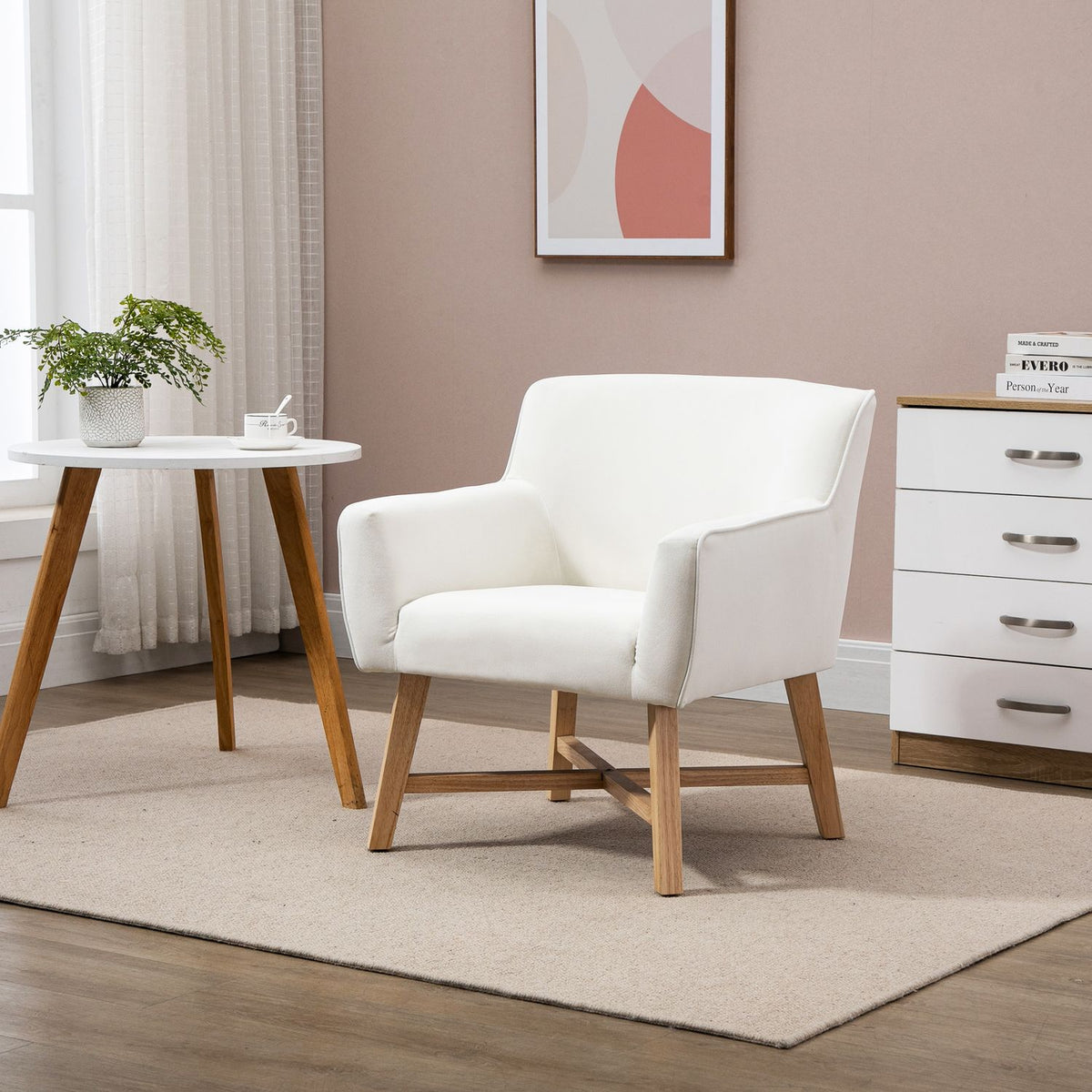 Dining Room Chair With Armrests, Upholstered Chair, Modern, Velvety Polyester, Wood, Cream White, 73X62X76Cm