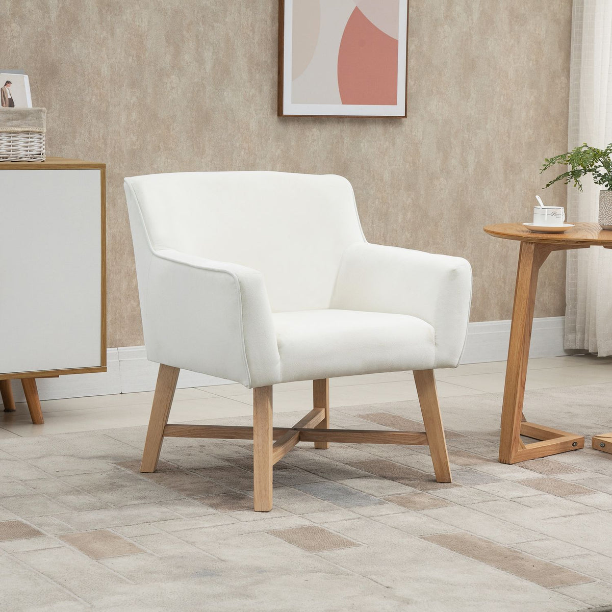 Dining Room Chair With Armrests, Upholstered Chair, Modern, Velvety Polyester, Wood, Cream White, 73X62X76Cm