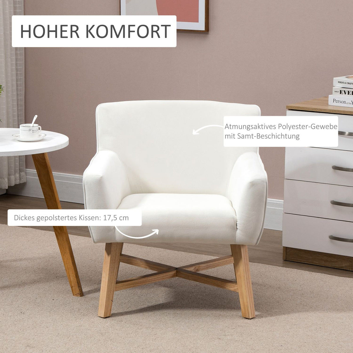 Dining Room Chair With Armrests, Upholstered Chair, Modern, Velvety Polyester, Wood, Cream White, 73X62X76Cm
