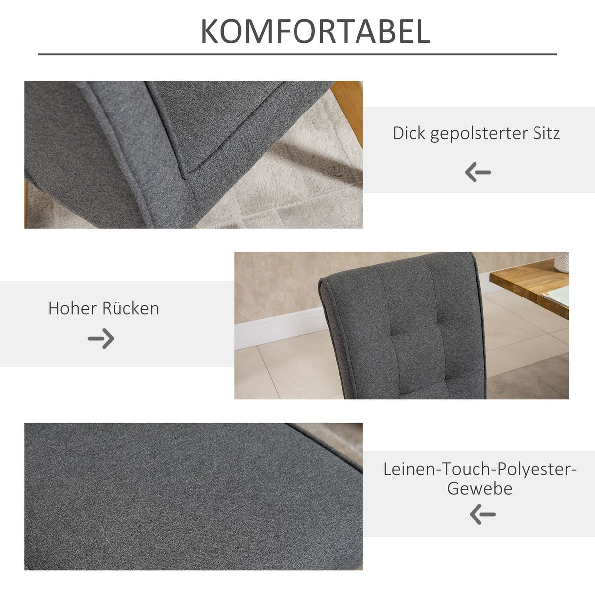 Dining Room Chairs Set Of 2 Chairs With Backrest, Linen-Polyester Fabric, Foam, Rubber Wood, Gray, 45X61.5X94Cm