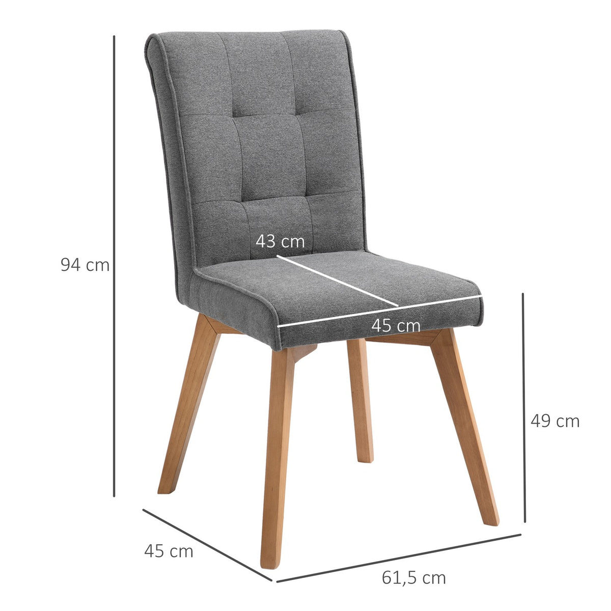 Dining Room Chairs Set Of 2 Chairs With Backrest, Linen-Polyester Fabric, Foam, Rubber Wood, Gray, 45X61.5X94Cm