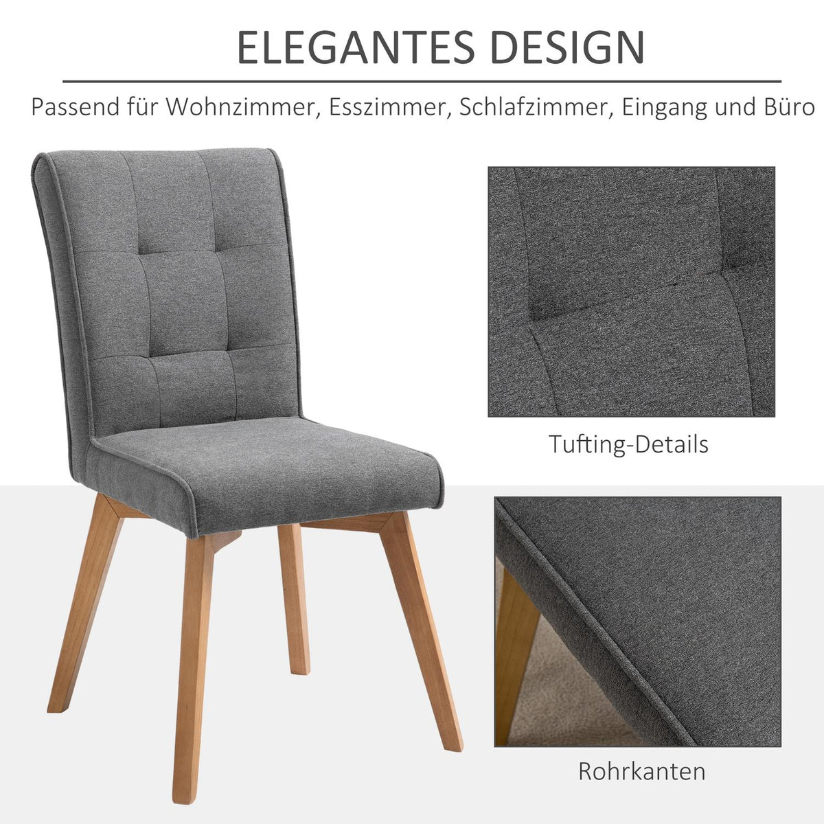 Dining Room Chairs Set Of 2 Chairs With Backrest, Linen-Polyester Fabric, Foam, Rubber Wood, Gray, 45X61.5X94Cm