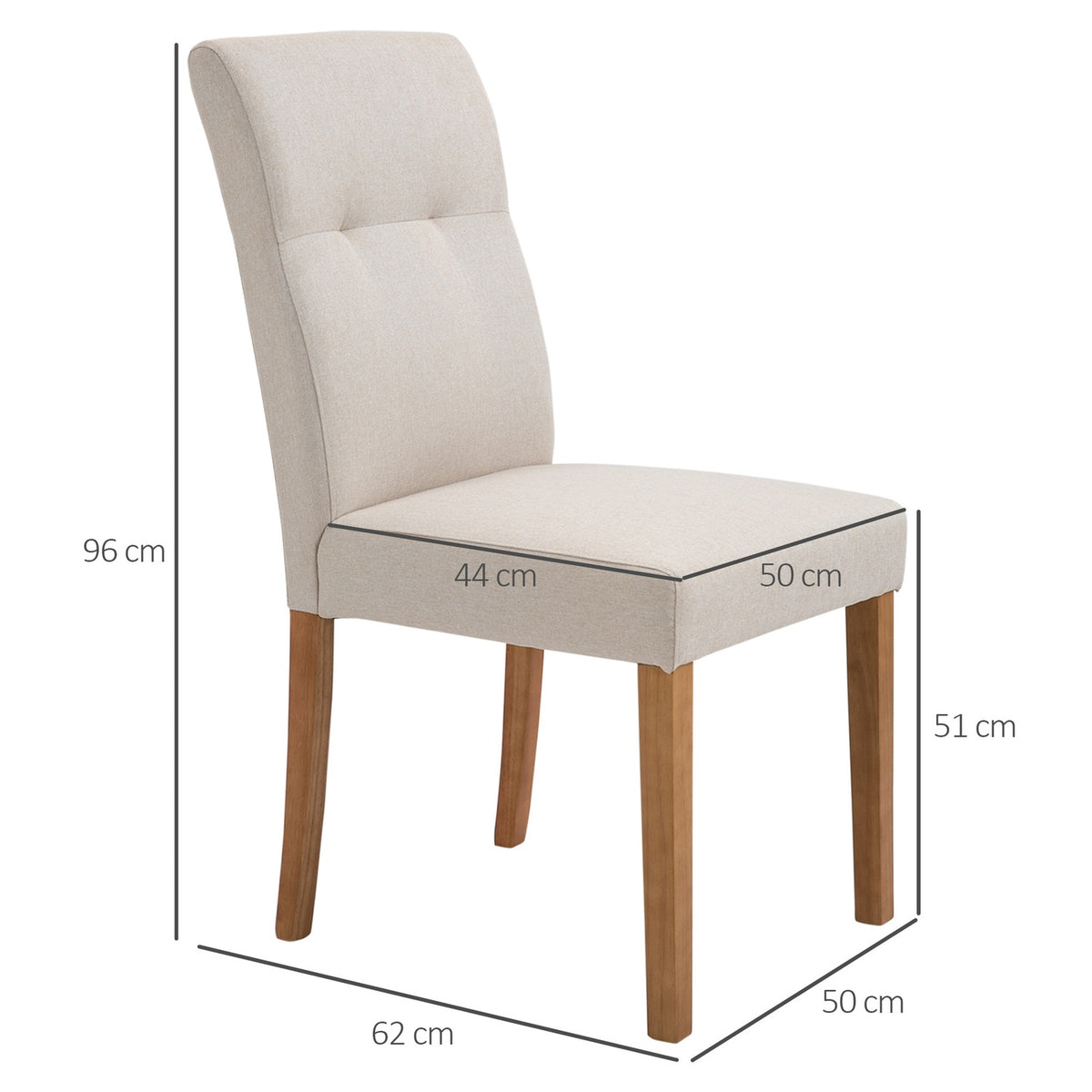 Dining Room Chairs Set Of 2 Chairs With Padded Seat, Linen-Polyester Fabric, Rubber Wood, Beige, 50X62X96Cm
