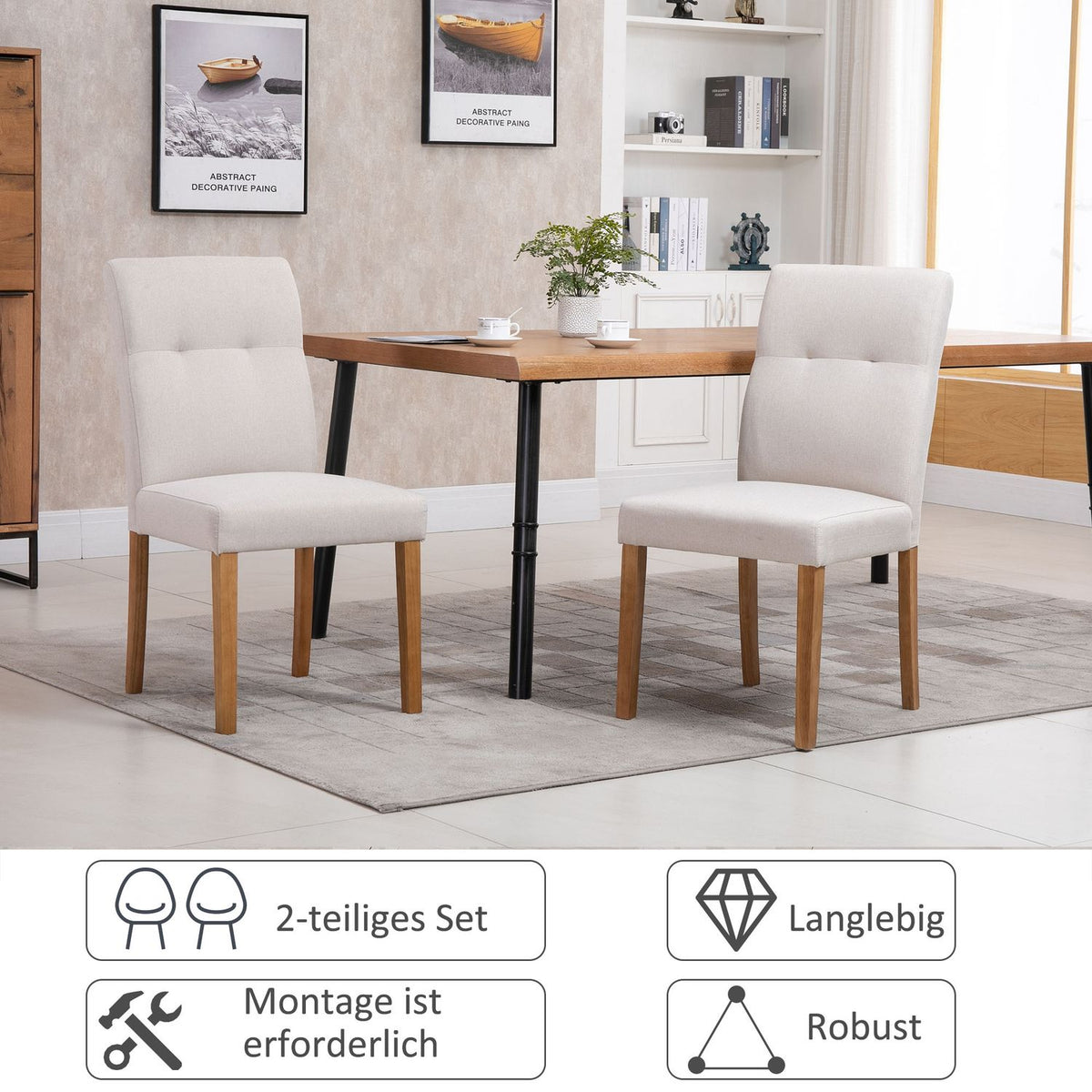 Dining Room Chairs Set Of 2 Chairs With Padded Seat, Linen-Polyester Fabric, Rubber Wood, Beige, 50X62X96Cm