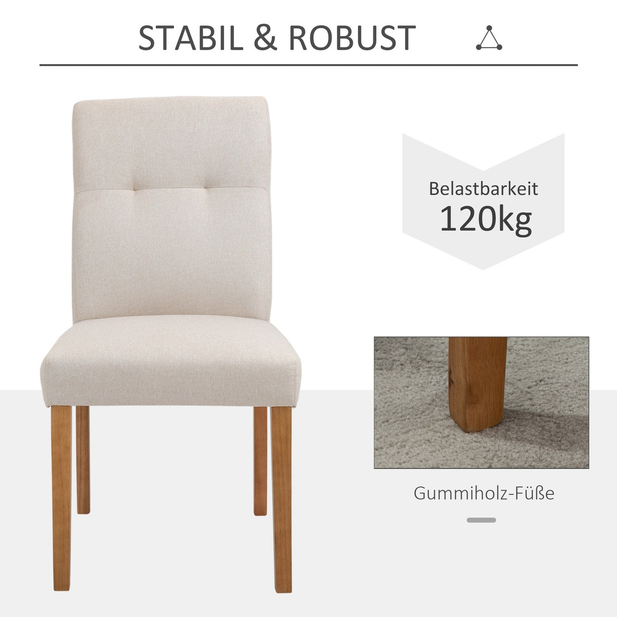 Dining Room Chairs Set Of 2 Chairs With Padded Seat, Linen-Polyester Fabric, Rubber Wood, Beige, 50X62X96Cm