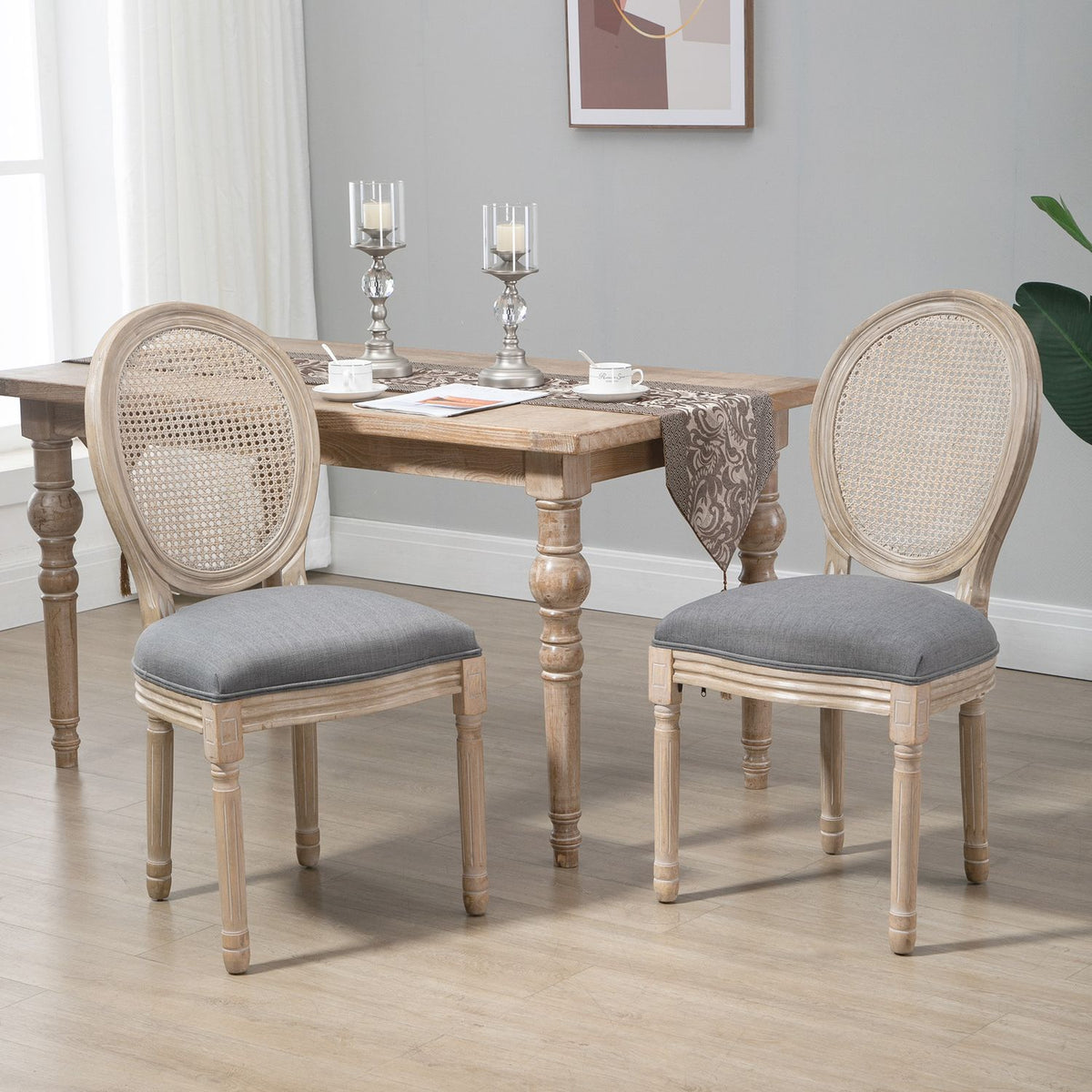 Dining Room Chairs Set Of 2 Kitchen Chairs Rattan Backrest Linen Look Upholstered Chair Gray