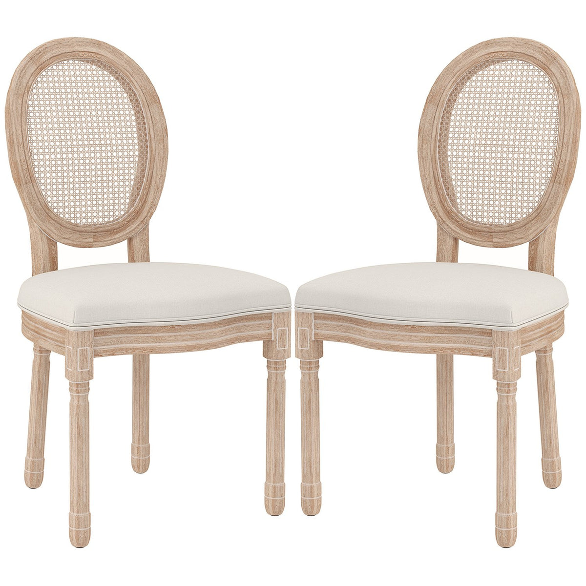 Dining Room Chairs Set Of 2 Kitchen Chairs With Backrest, Linen & Rattan Look, Wooden Legs, Cream White