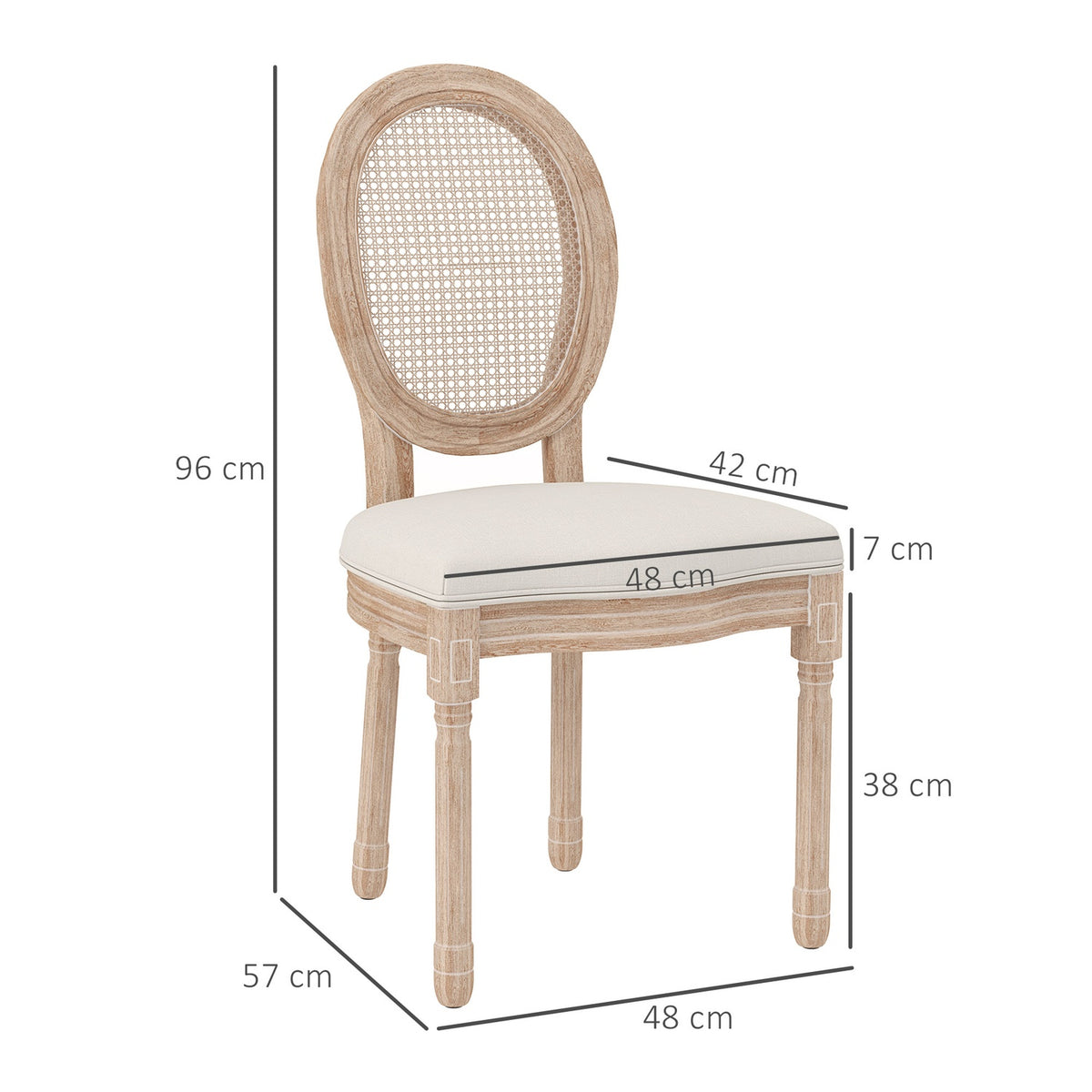 Dining Room Chairs Set Of 2 Kitchen Chairs With Backrest, Linen & Rattan Look, Wooden Legs, Cream White