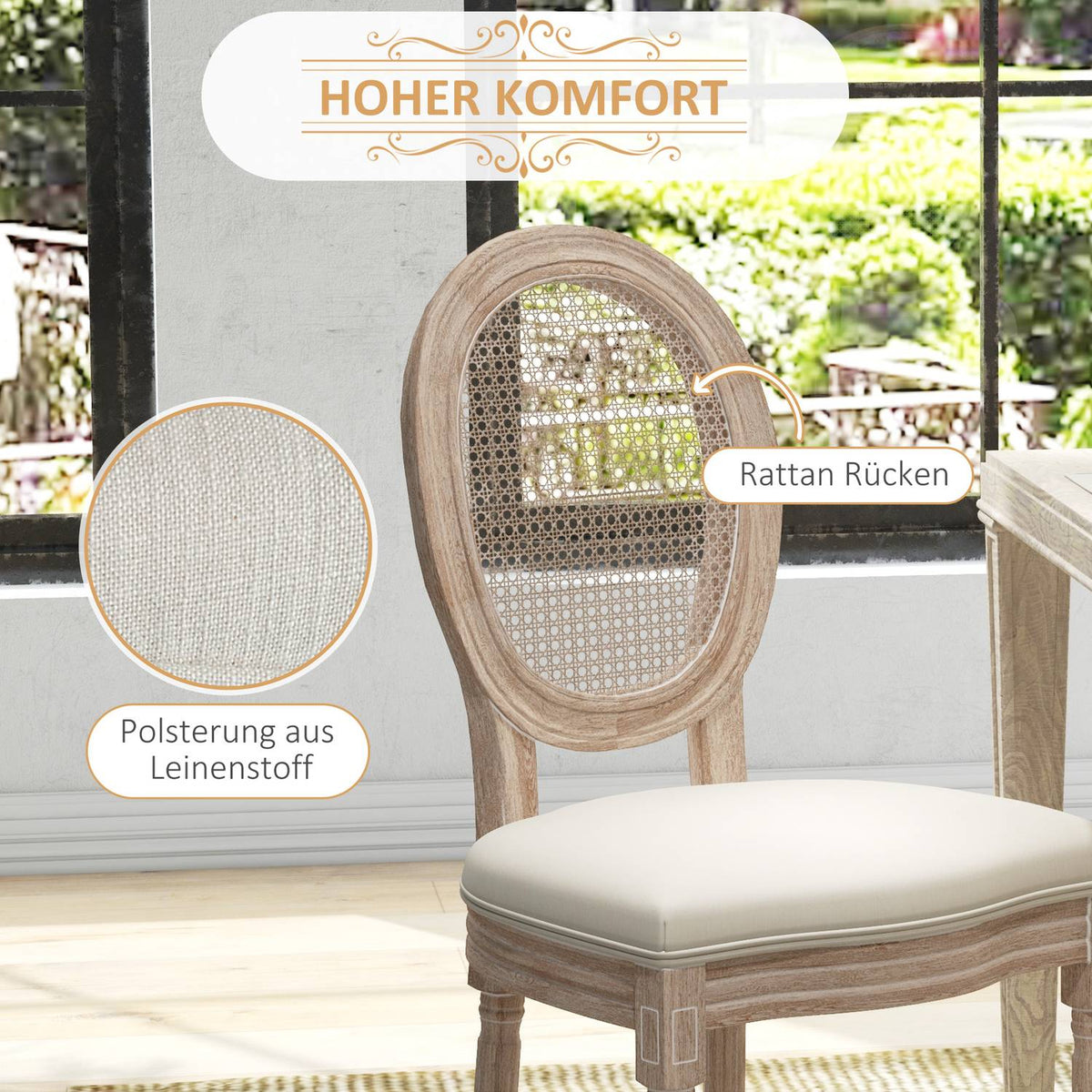 Dining Room Chairs Set Of 2 Kitchen Chairs With Backrest, Linen & Rattan Look, Wooden Legs, Cream White