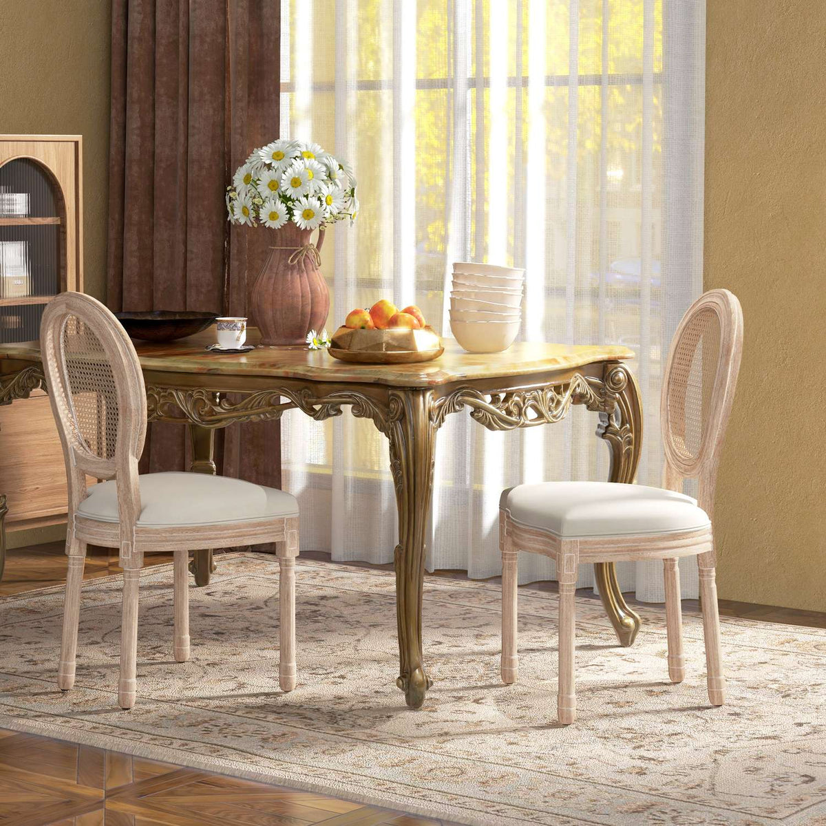 Dining Room Chairs Set Of 2 Kitchen Chairs With Backrest, Linen & Rattan Look, Wooden Legs, Cream White