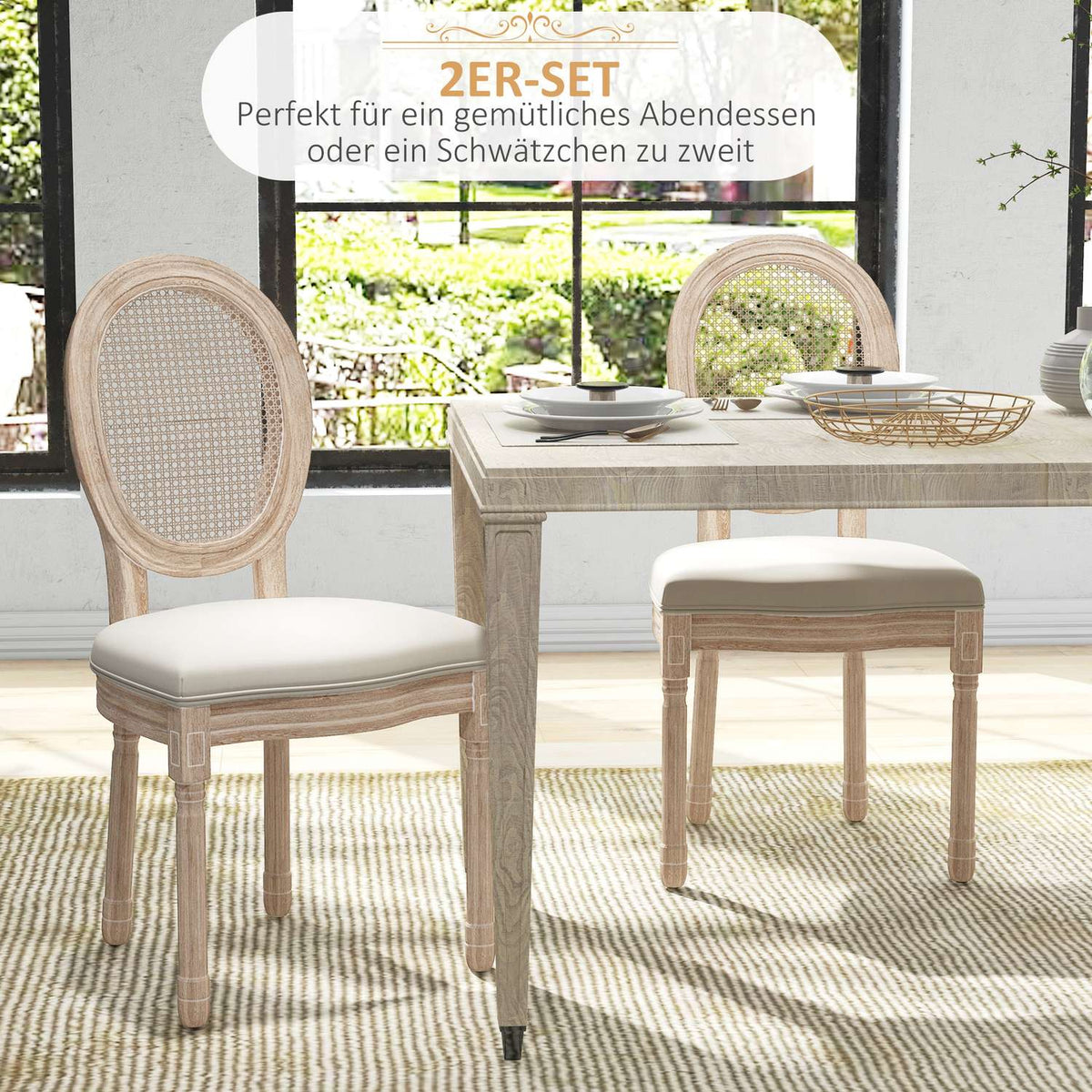 Dining Room Chairs Set Of 2 Kitchen Chairs With Backrest, Linen & Rattan Look, Wooden Legs, Cream White