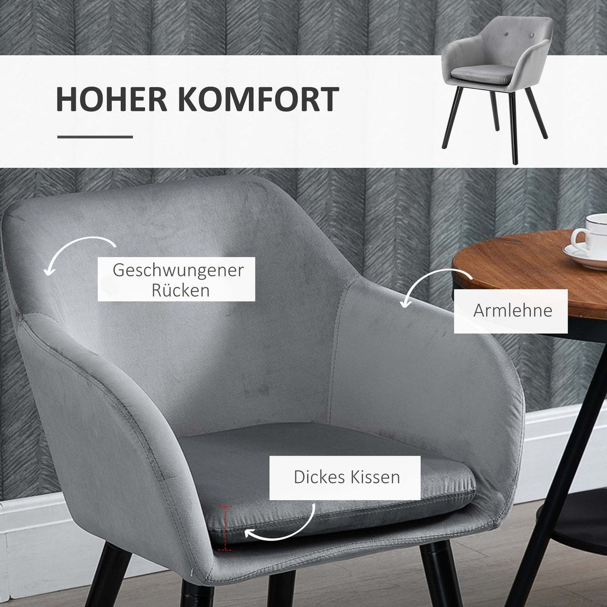 Dining Room Chairs Set of 2 Kitchen Chairs with Backrest Velvet Look Upholstered Chair with Beech Wood Legs for Living Room Gray 54 x 56 x 74 cm
