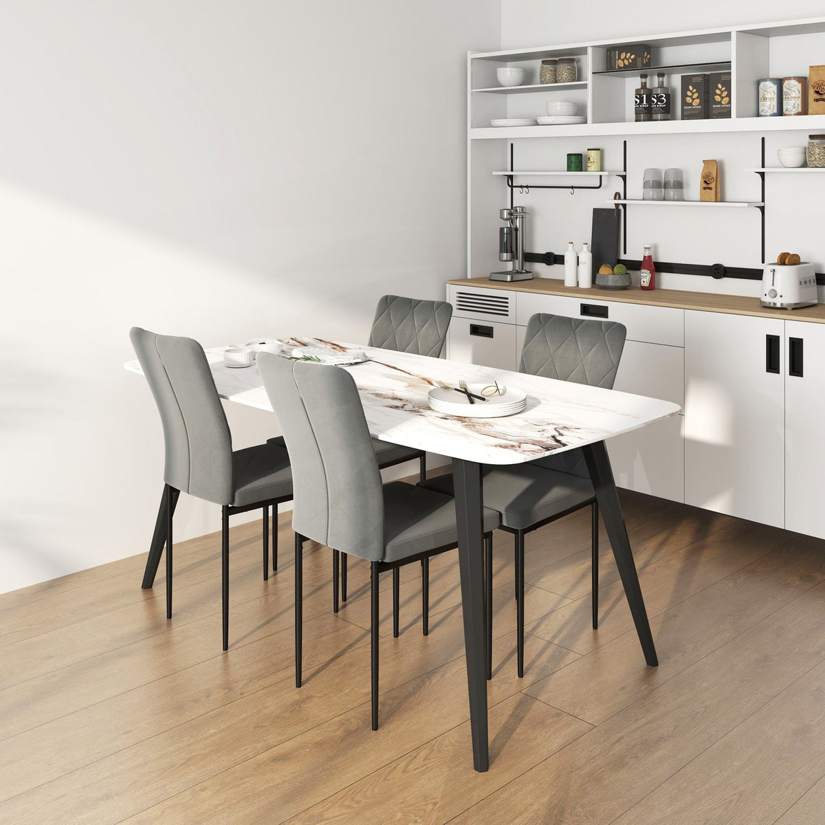 Dining Room Chairs Set of 4 Kitchen Chairs with Backrest, Velvet Look, Armchairs, Upholstered Chairs with Metal Legs for Dining Table, Dark Gray