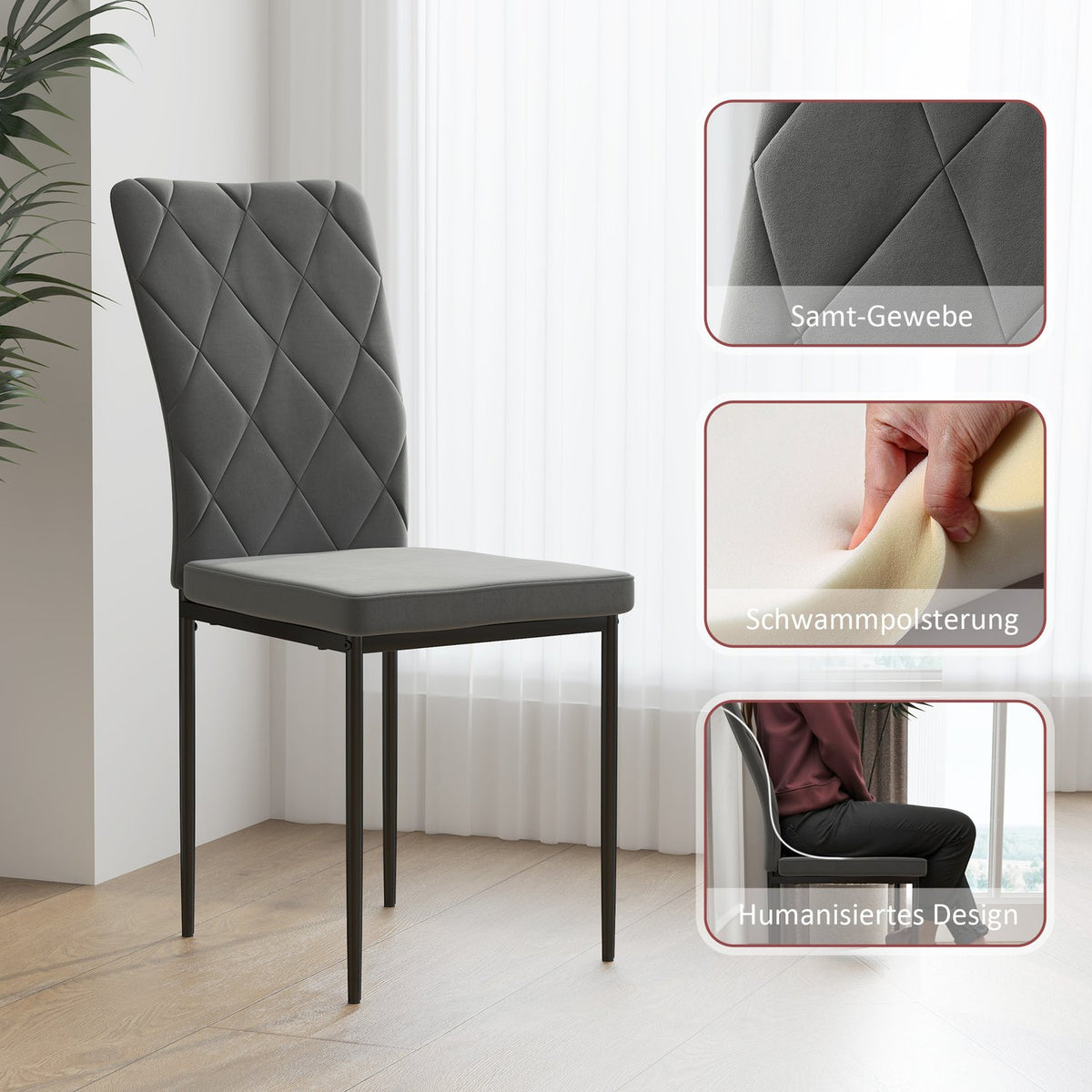 Dining Room Chairs Set of 4 Kitchen Chairs with Backrest, Velvet Look, Armchairs, Upholstered Chairs with Metal Legs for Dining Table, Dark Gray