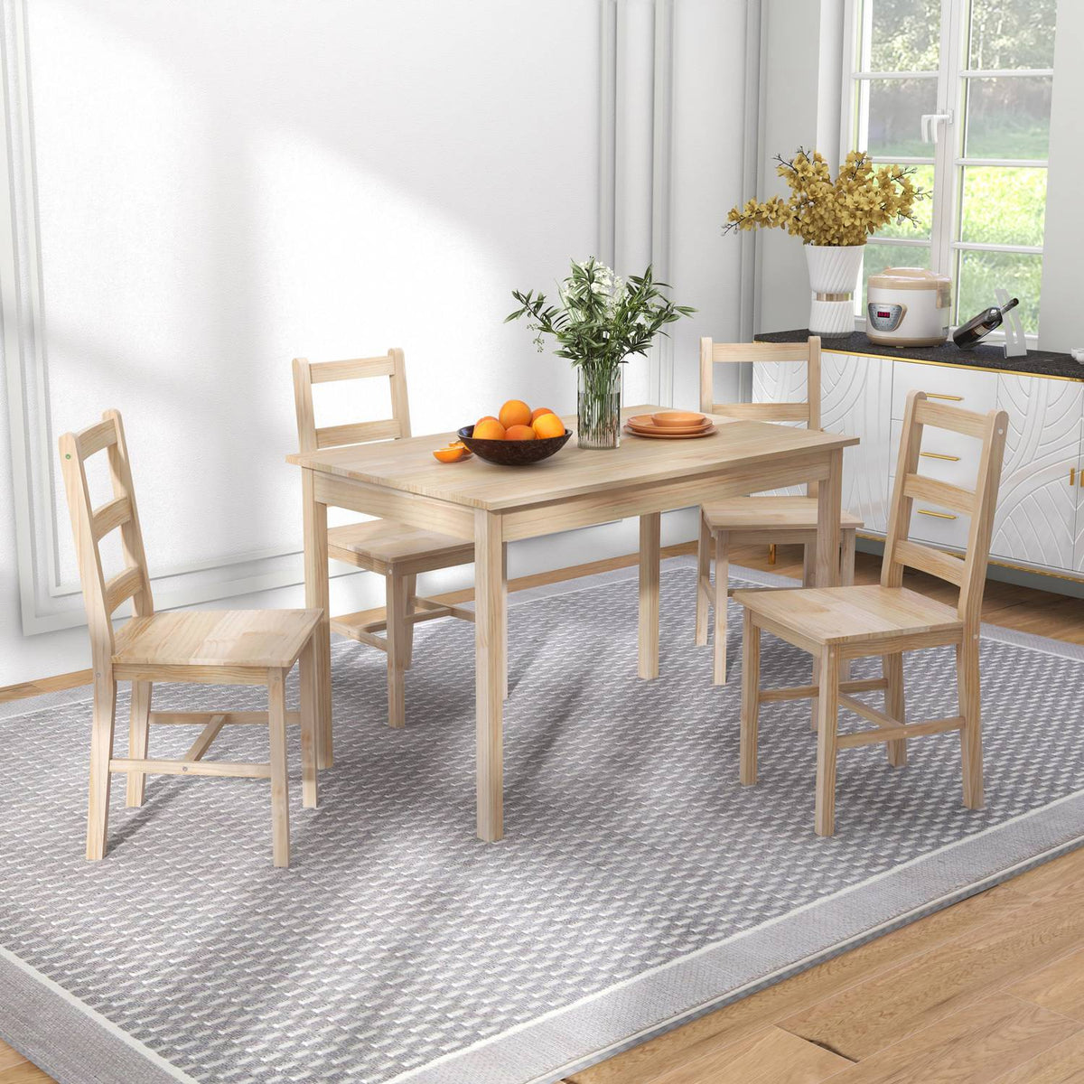 Dining Set 5 Pieces. Dining Table 4 Chairs Dining Room Group Space-Saving Rectangular Solid Wood Natural