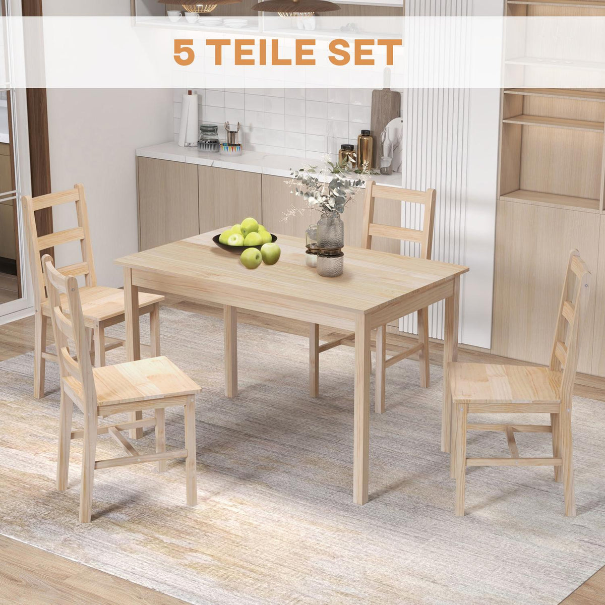 Dining Set 5 Pieces. Dining Table 4 Chairs Dining Room Group Space-Saving Rectangular Solid Wood Natural