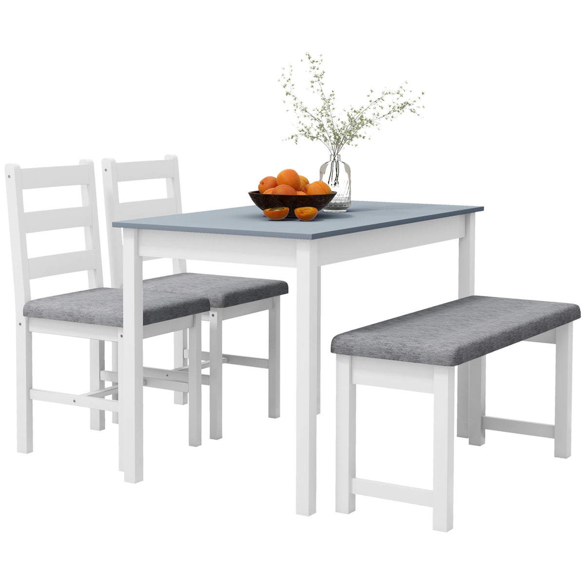 Dining Set, Dining Table With 2 Padded Chairs, Bench, 4-Piece Dining Table Set, Dining Room Group With Linen Look, Pine Wood, Grey, White