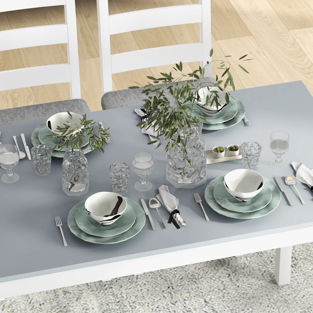 Dining Set, Dining Table With 2 Padded Chairs, Bench, 4-Piece Dining Table Set, Dining Room Group With Linen Look, Pine Wood, Grey, White