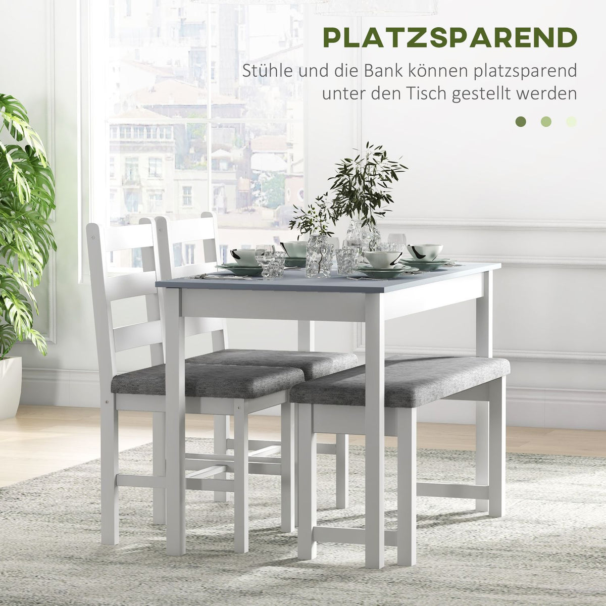 Dining Set, Dining Table With 2 Padded Chairs, Bench, 4-Piece Dining Table Set, Dining Room Group With Linen Look, Pine Wood, Grey, White