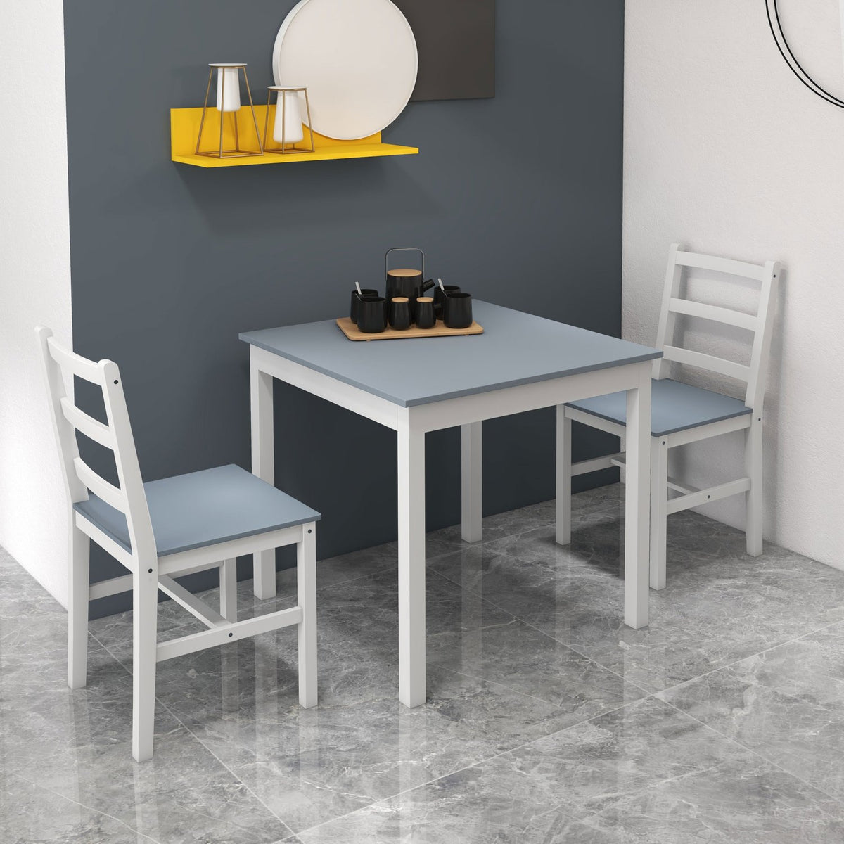 Dining Set Of 3 Compact Kitchen Table Set For 2, Grey+White, Pine Wood, Ideal For Kitchen & Living Room