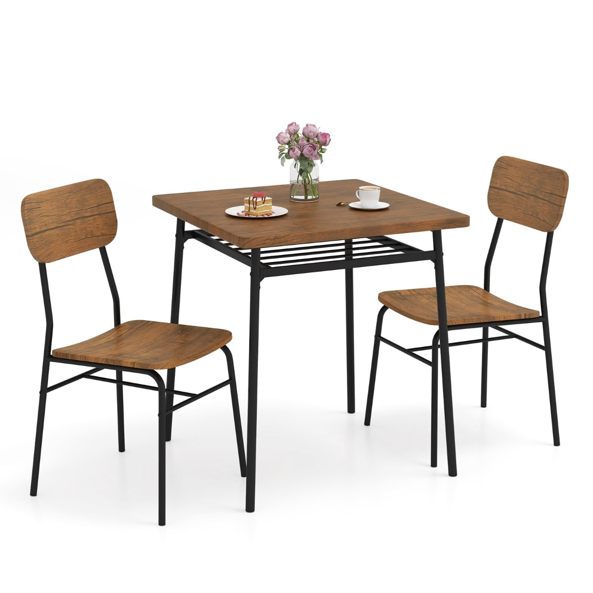 Dining Set with 2 Chairs & Storage Shelf, Rustic Brown