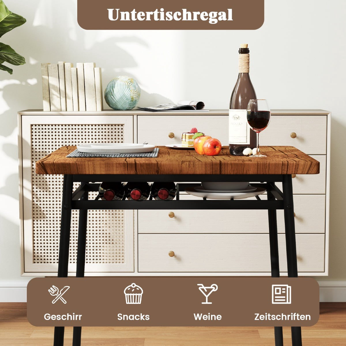 Dining Set with 2 Chairs & Storage Shelf, Rustic Brown