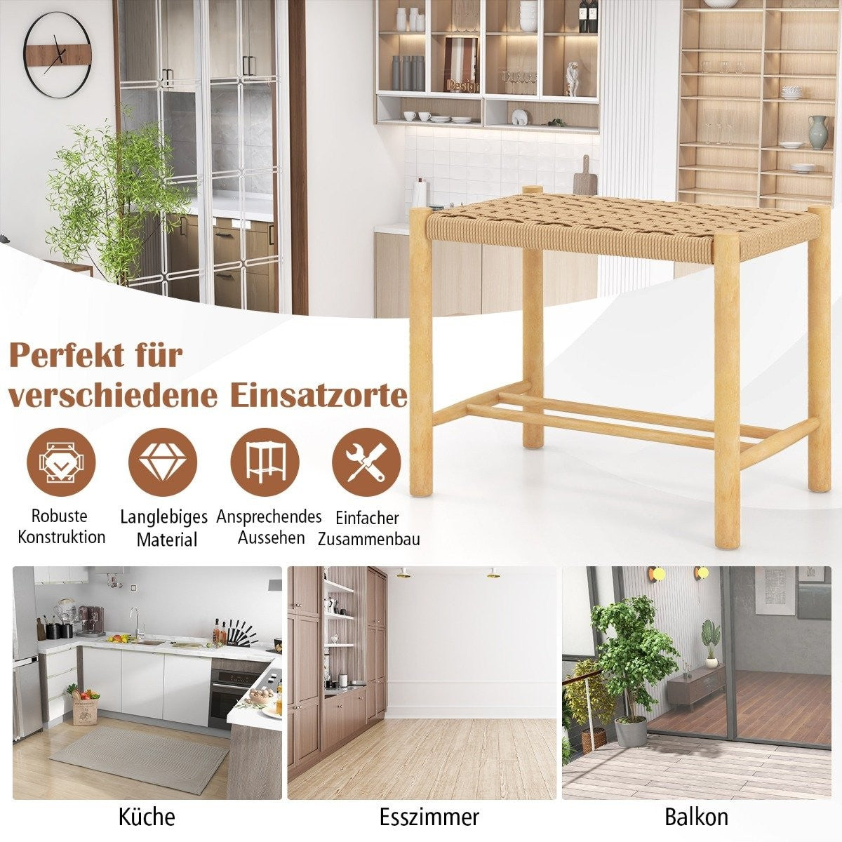 Dining Stool Set Rubberwood Frame & Braided Paper Seat 56 x 36 x 45 cm