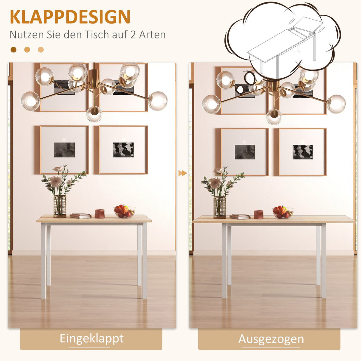 Dining Table Extendable Kitchen Table Dining Room Table For 6 People, Living Room Table For Dining Room, Kitchen, Steel, Brown, 110-160 X 70 X 76 Cm