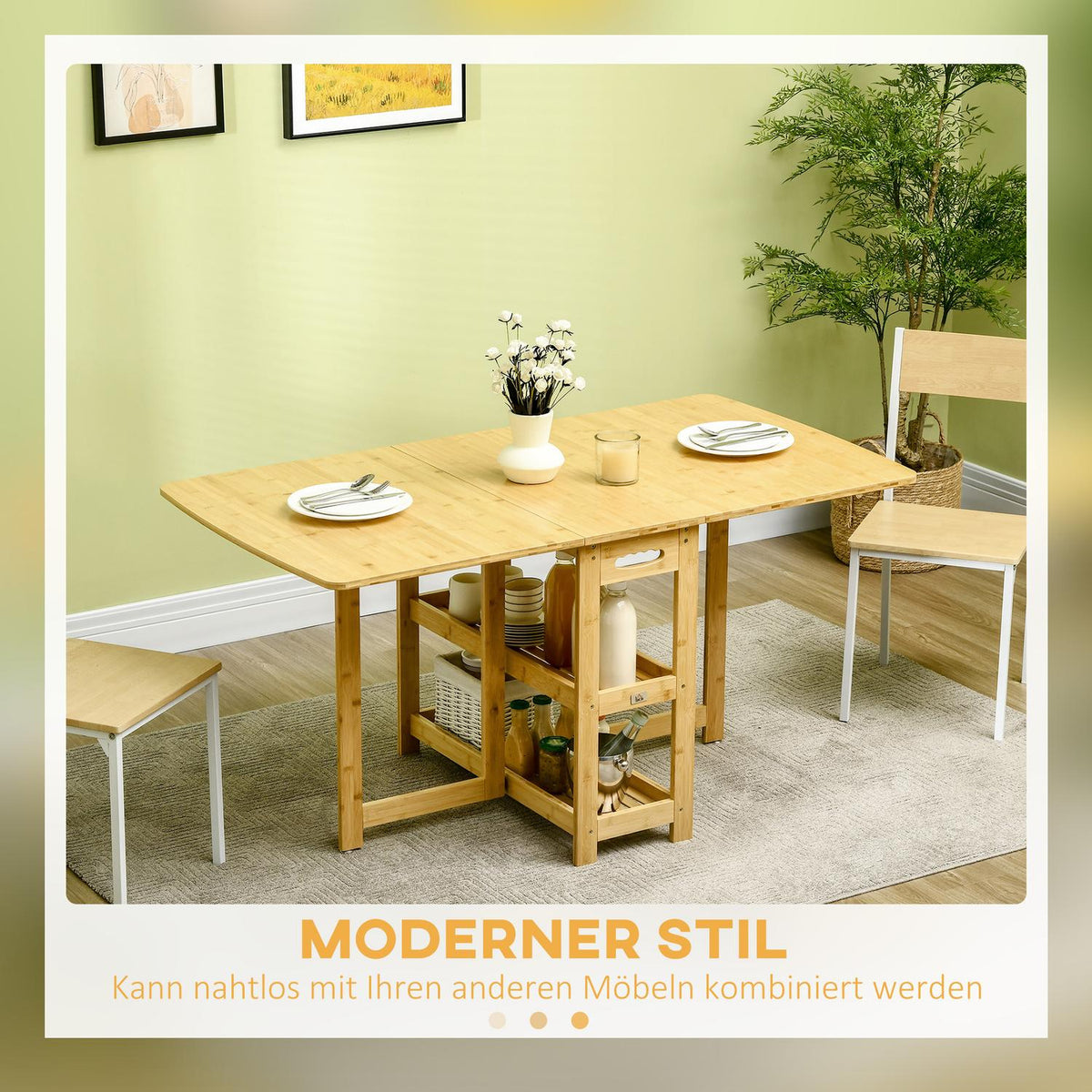 Dining Table Folding Table Dining Room Table Kitchen Table With Storage Compartments And Adjustable Feet Country House Style Bamboo Natural Wood 149.5 X 80 X 73.5 Cm