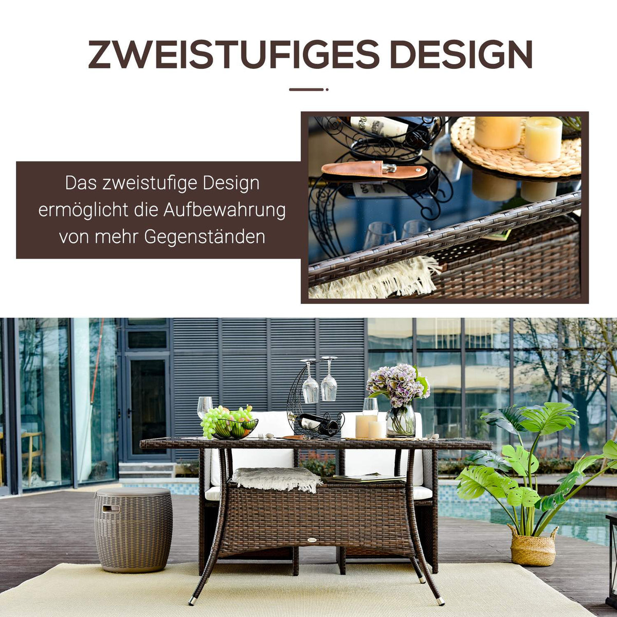 Dining Table Garden Table Glass Table Polyrattan + Safety Glass Brown + Black 150X85X74Cm