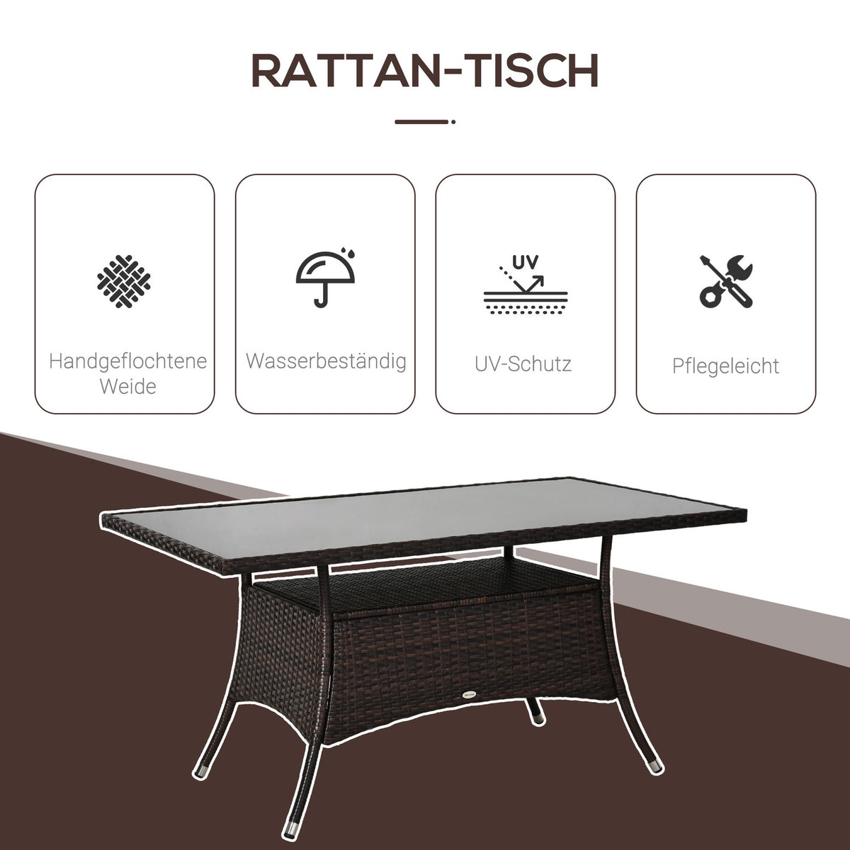 Dining Table Garden Table Glass Table Polyrattan + Safety Glass Brown + Black 150X85X74Cm