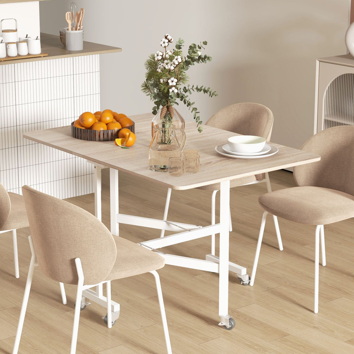 Dining Table, Kitchen Table With Wheels, Folding Table With Steel Frame, Expandable Dining Room Table For 4-6 People, For Kitchen, Dining Room, Oak