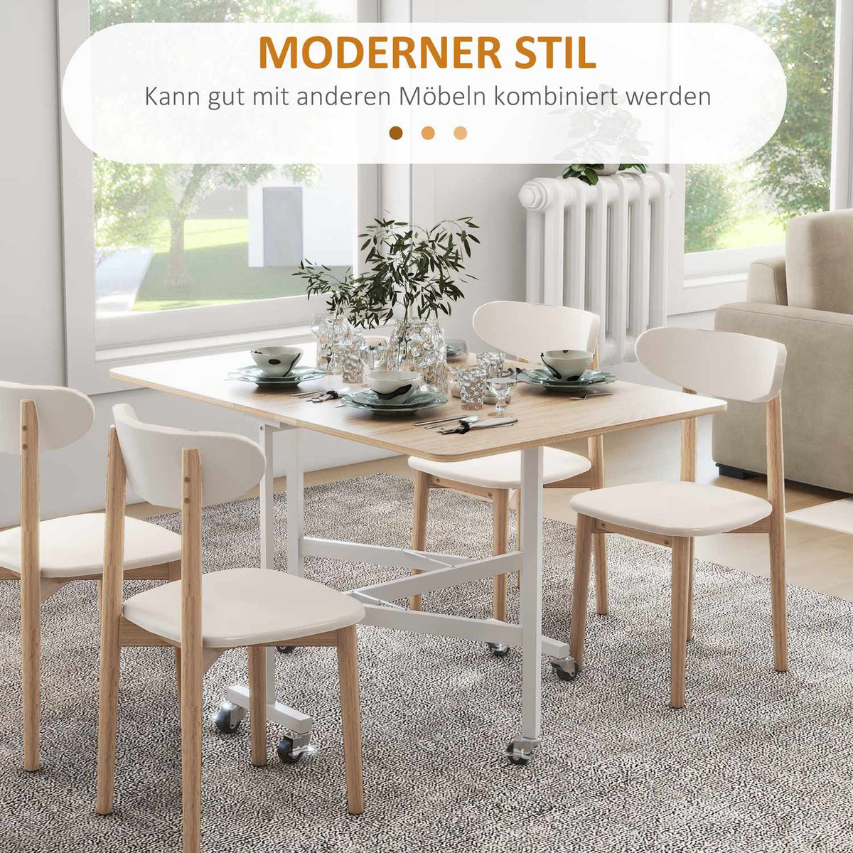 Dining Table, Kitchen Table With Wheels, Folding Table With Steel Frame, Expandable Dining Room Table For 4-6 People, For Kitchen, Dining Room, Oak