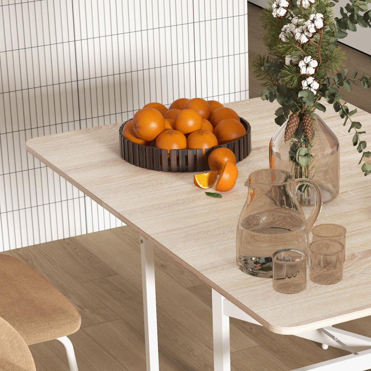 Dining Table, Kitchen Table With Wheels, Folding Table With Steel Frame, Expandable Dining Room Table For 4-6 People, For Kitchen, Dining Room, Oak