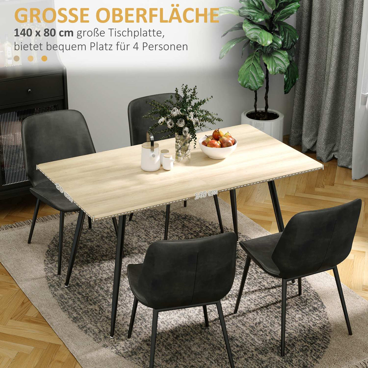 Dining Table Modern Kitchen Table For 4 People, Dining Room Table In Black With Wood Look, Steel Legs, 140X80X76Cm, Natural