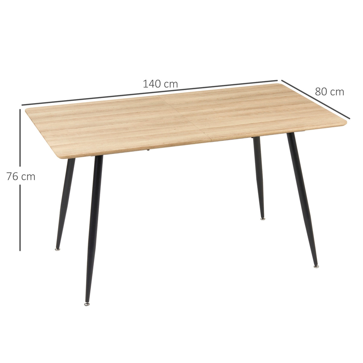 Dining Table Modern Kitchen Table For 4 People, Dining Room Table In Black With Wood Look, Steel Legs, 140X80X76Cm, Natural