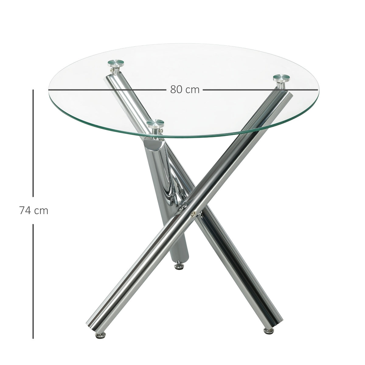 Dining Table, Round Dining Room Table, Kitchen Table For 4 People, Living Room Table With Glass Table Top, Steel, Ø80 X 74 Cm, Transparent
