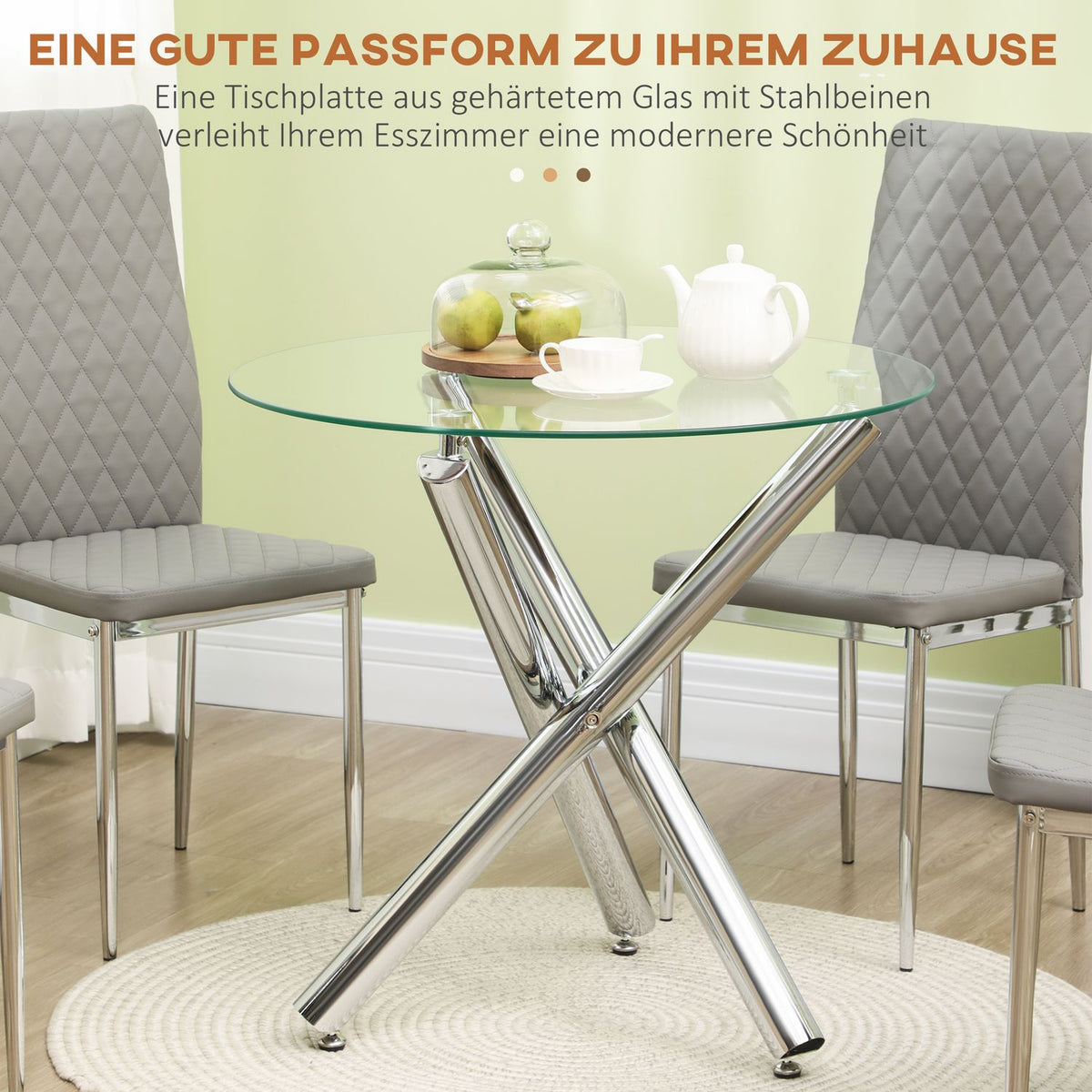 Dining Table, Round Dining Room Table, Kitchen Table For 4 People, Living Room Table With Glass Table Top, Steel, Ø80 X 74 Cm, Transparent