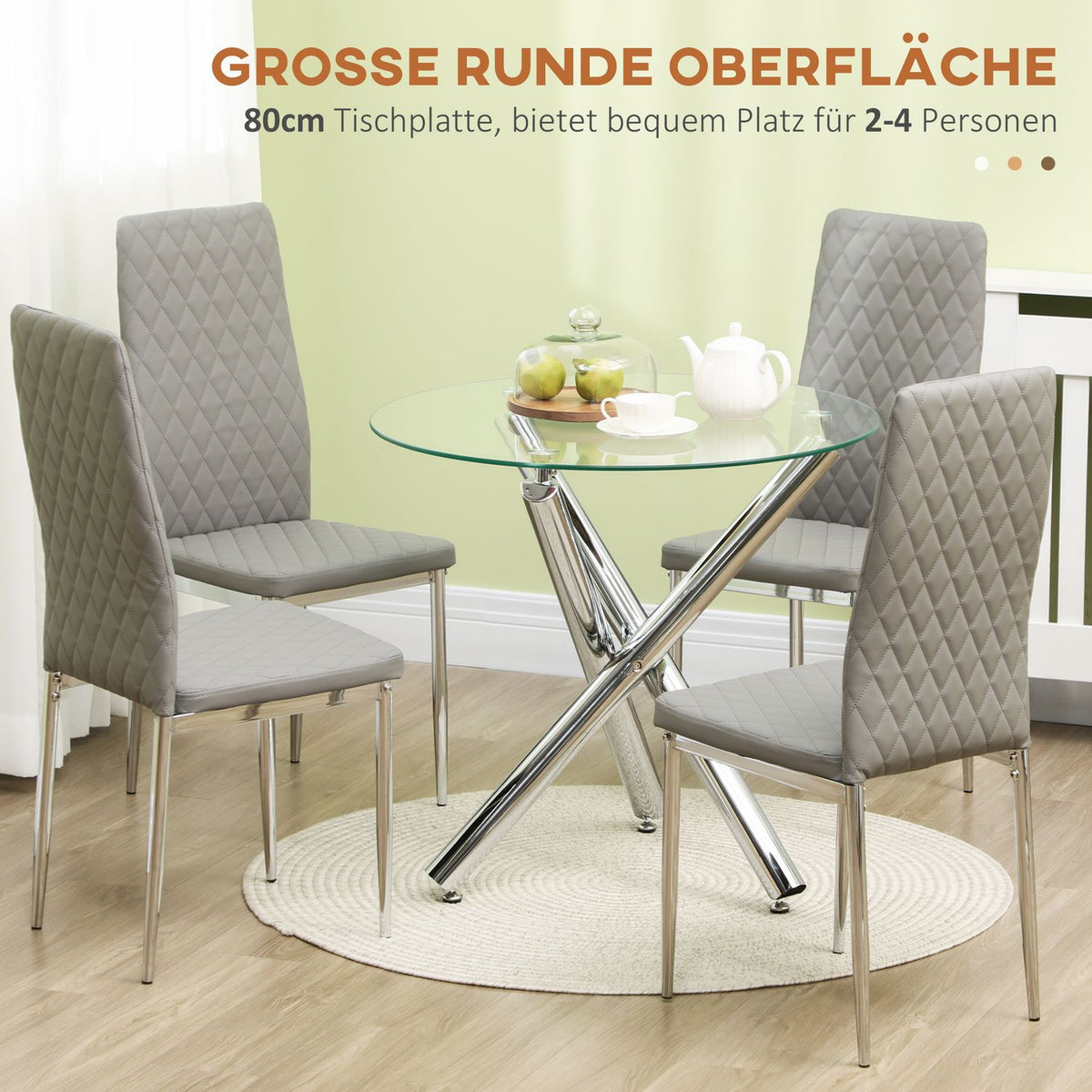 Dining Table, Round Dining Room Table, Kitchen Table For 4 People, Living Room Table With Glass Table Top, Steel, Ø80 X 74 Cm, Transparent