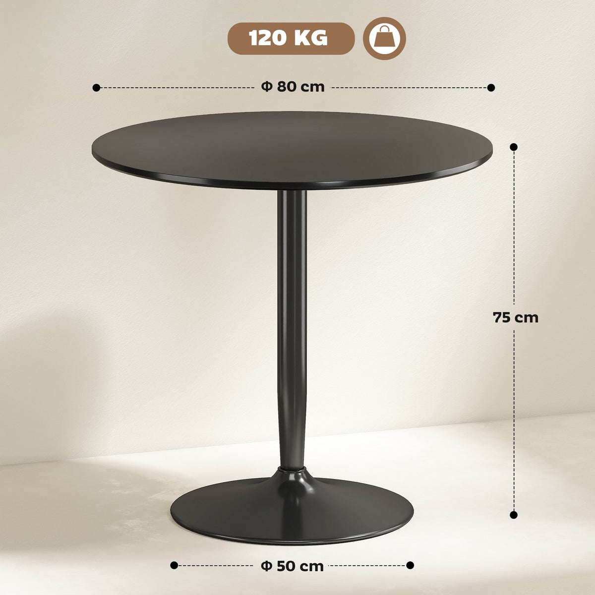 Dining Table for 2, Round 80 cm, MDF & Steel, Black