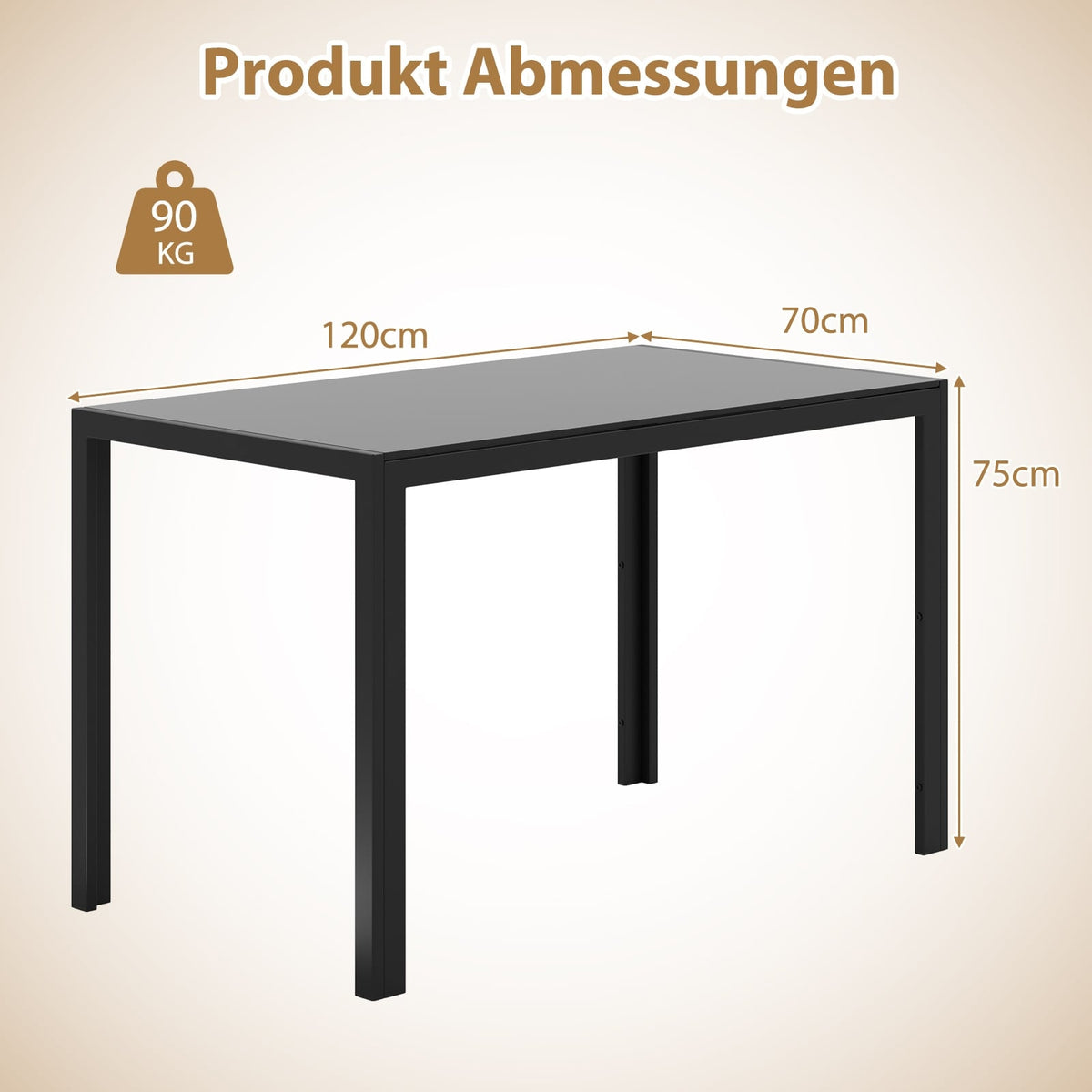 Dining Table for 4, Glass Top, Black Metal Frame, 120x70x75 cm