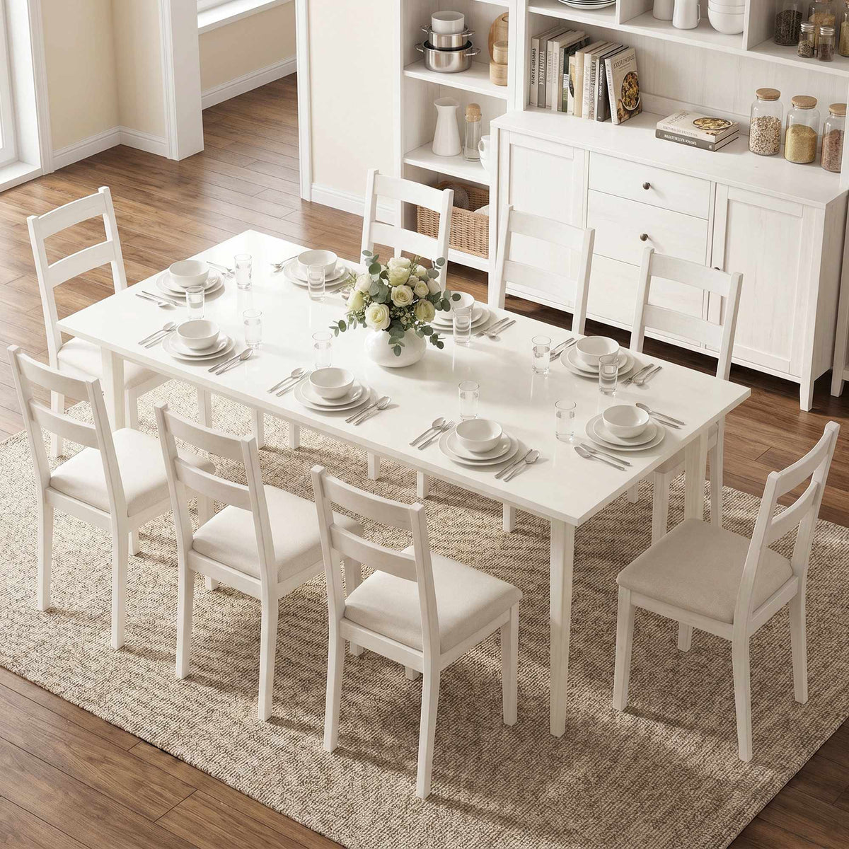 Dining Table for 8, Modern Design, Solid Wood Legs, Cream