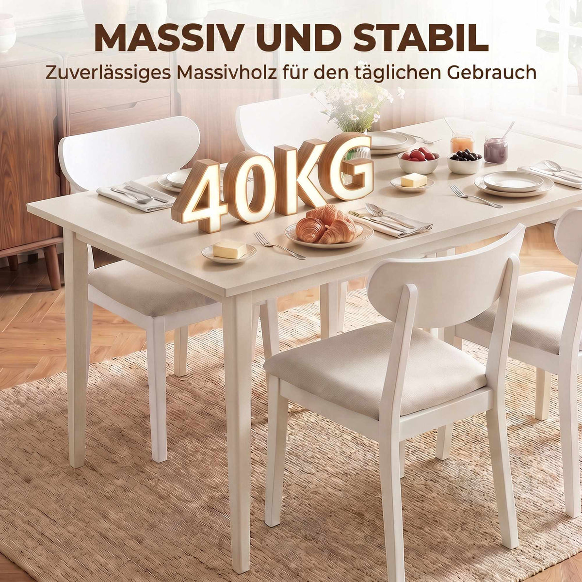 Dining Table for 8, Modern Design, Solid Wood Legs, Cream