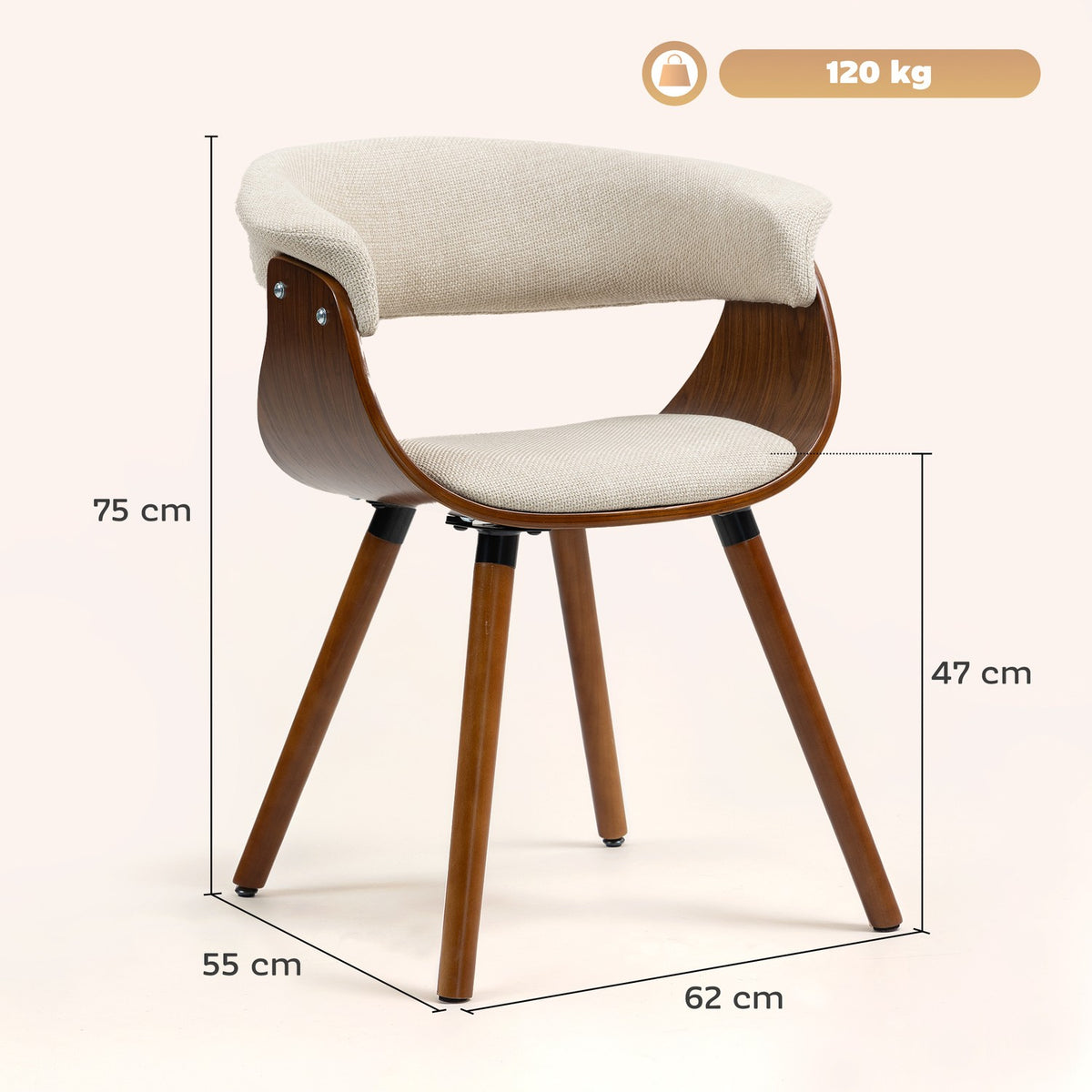 Dining chair, linen-look fabric, curved backrest, wooden legs, beige