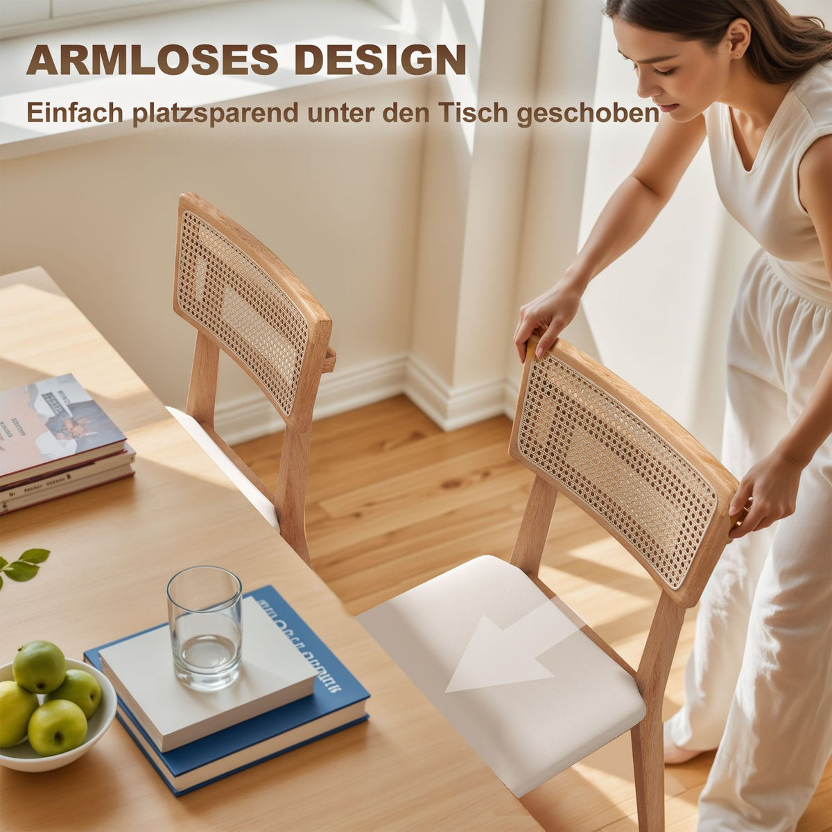 Dining chair, rattan backrest, imitation leather seat, rubber wood, natural wood