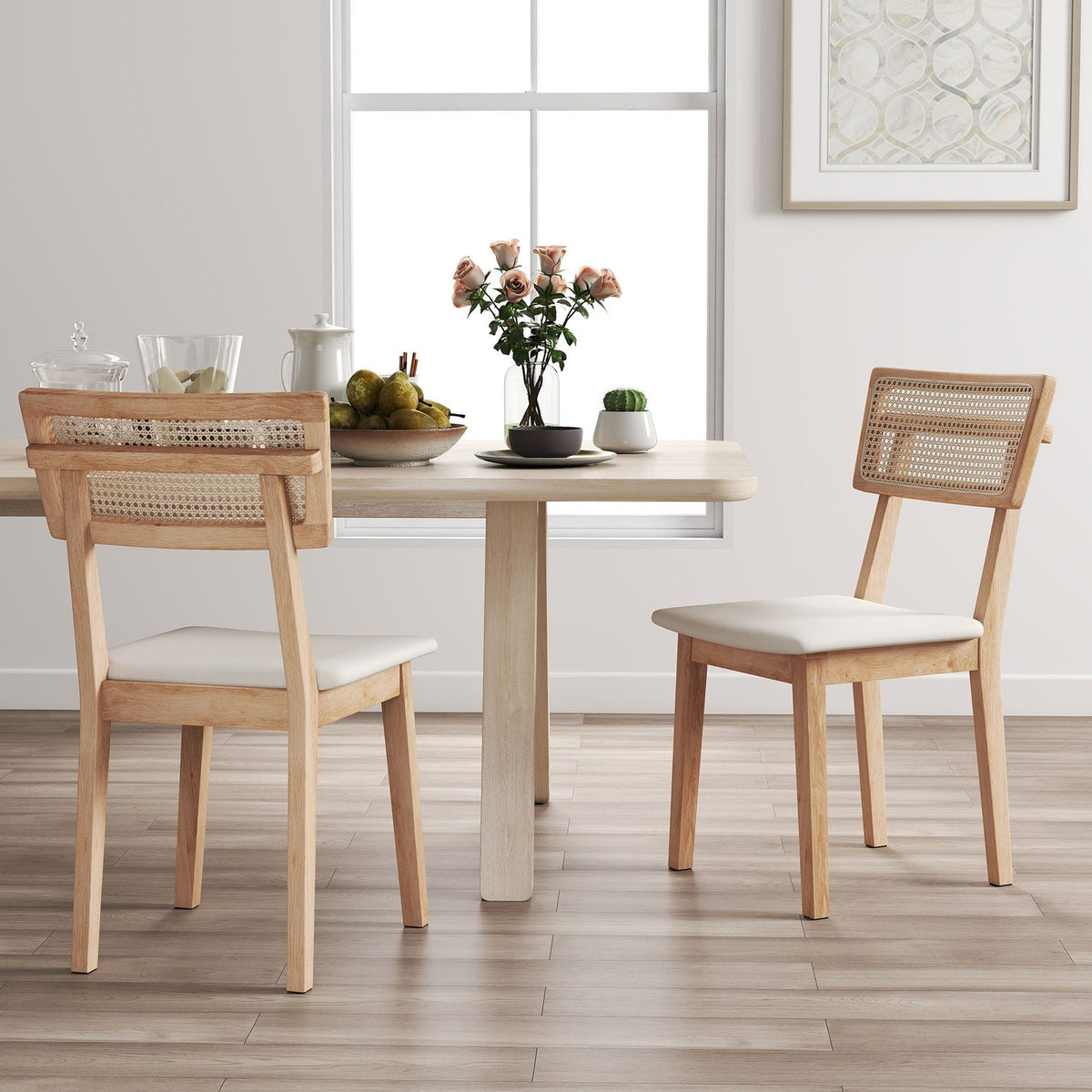 Dining chair, rattan backrest, imitation leather seat, rubber wood, natural wood