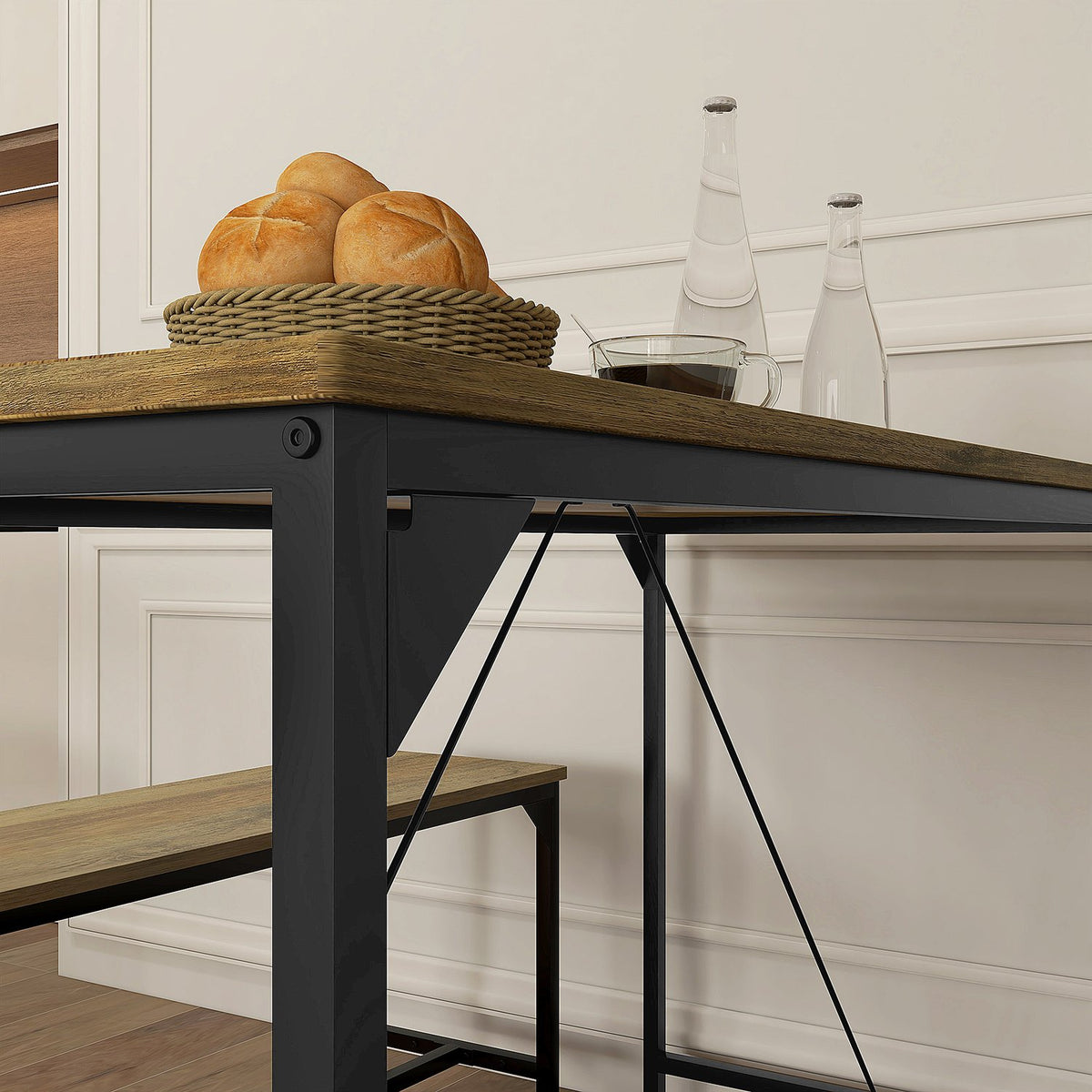 Dining group set of 3, kitchen table set, dining table with 2 benches for 4 people, table group, dining room group, for kitchen, living room, natural