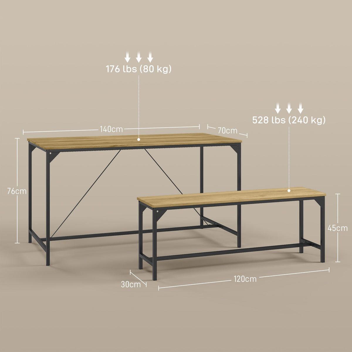 Dining group set of 3, kitchen table set, dining table with 2 benches for 4 people, table group, dining room group, for kitchen, living room, natural