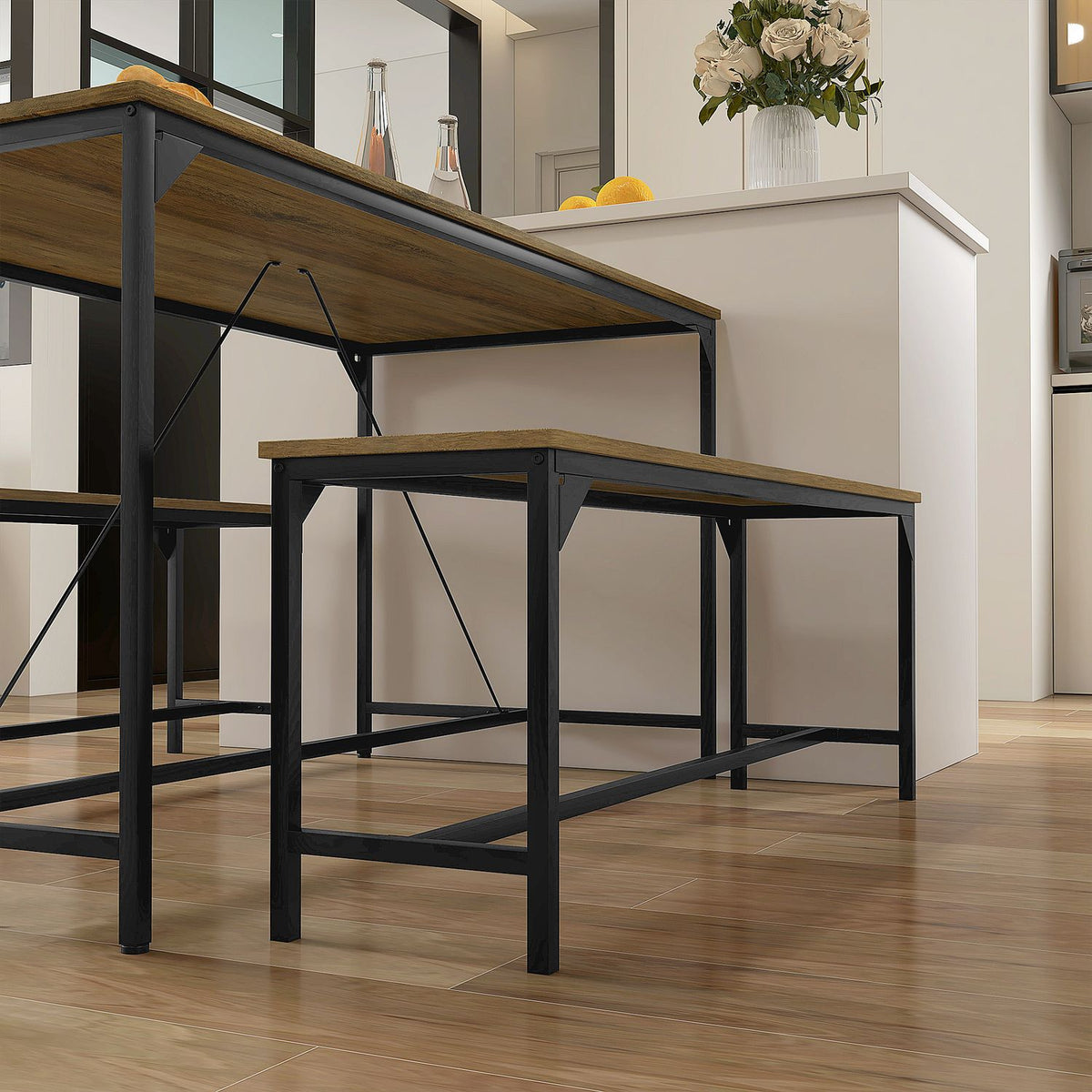 Dining group set of 3, kitchen table set, dining table with 2 benches for 4 people, table group, dining room group, for kitchen, living room, natural